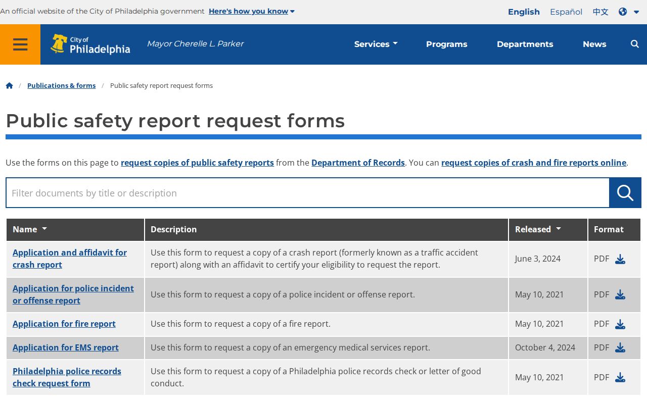 Philadelphia County arrest and incident report form index
