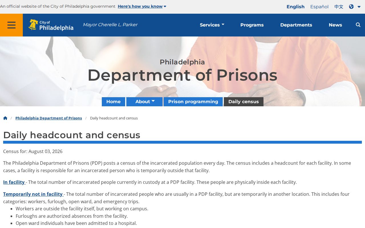 Philadelphia County arrest custody daily census table