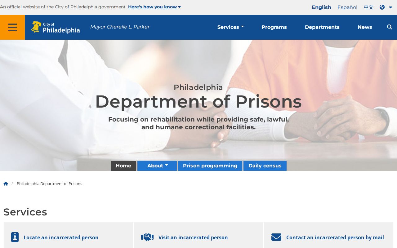 Philadelphia County arrest custody services on the Department of Prisons website