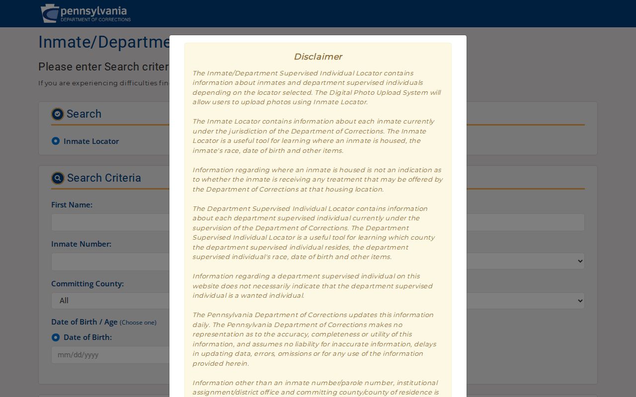 Philadelphia County arrest follow-up through the Pennsylvania inmate and parolee locator